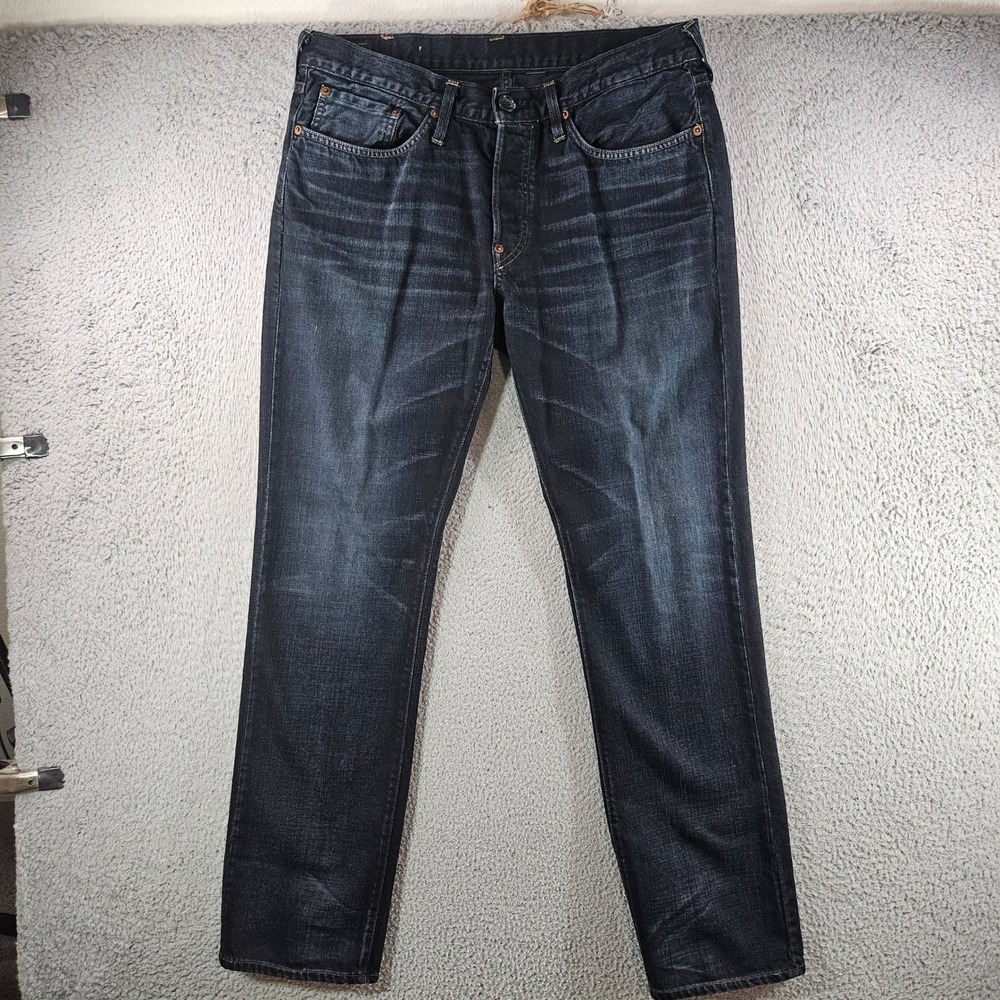 Evisu Heritage 2010 Jeans Mens 36x32‎ Dark Wash 12oz Indigo Button Fly Straight
